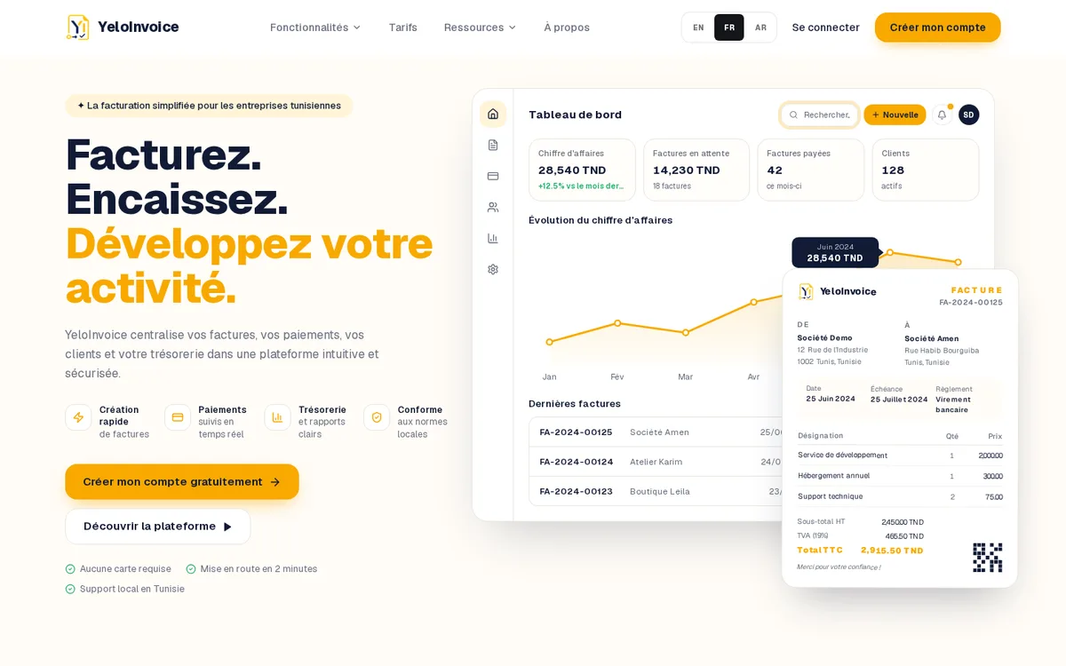 YeloInvoice homepage with the invoicing dashboard and a sample invoice