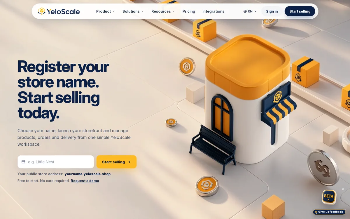YeloScale homepage: launch a storefront customers can buy from today